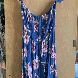 Pink flower blue off the shoulder romper